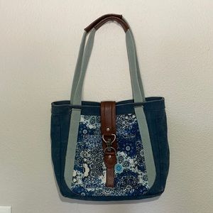 Mona B. Cora Up-cycled blue Canvas Tote/Shoulder Bag with Vegan Leather